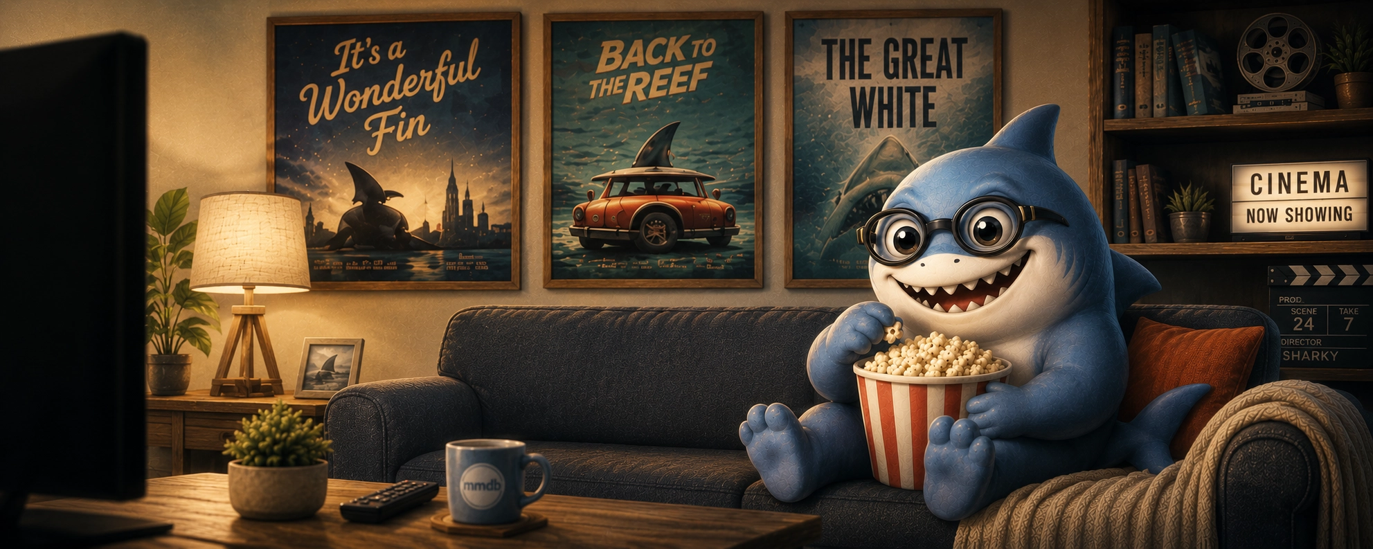Sharky sitter i sofaen med popcorn og ser på film